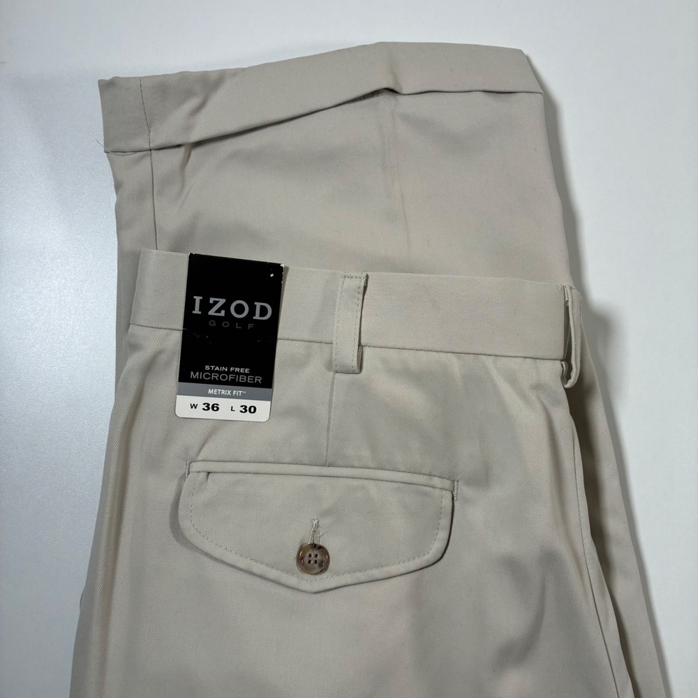 NEW IZOD Golf Pants 36x30 Light Sand Performance Microfiber Pleated Cuffed